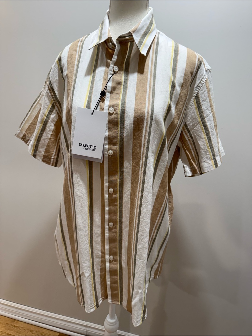 NWT Selected Homme Short-Sleeve Linen Stripe Button-Down Shirt — White & Tan